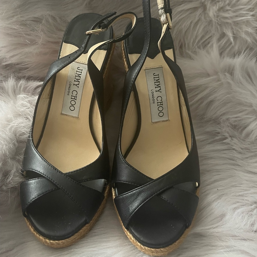 Jimmy Choo Amely 105 Slingback Cork Platform Wedge Sandals Black Leather Size 37
